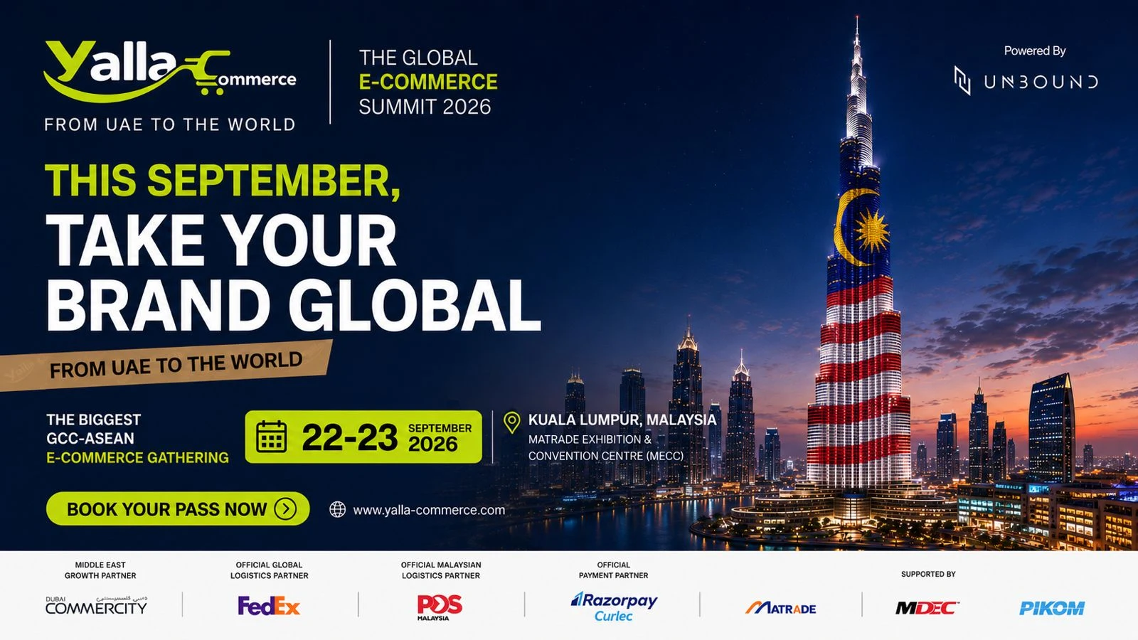 Official Yalla Commerce banner — The Global E-Commerce Summit 2026, “Take your brand global, from UAE to the world”, 22–23 September 2026, MATRADE, Kuala Lumpur.